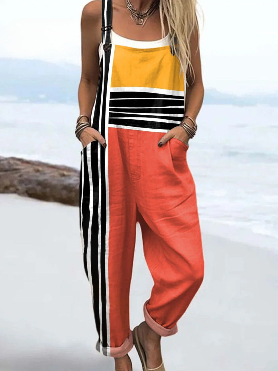 Metro Pop jumpsuit for women, mustard, coral and stripe colour blocks, relaxed fit, sizes AU 8-24