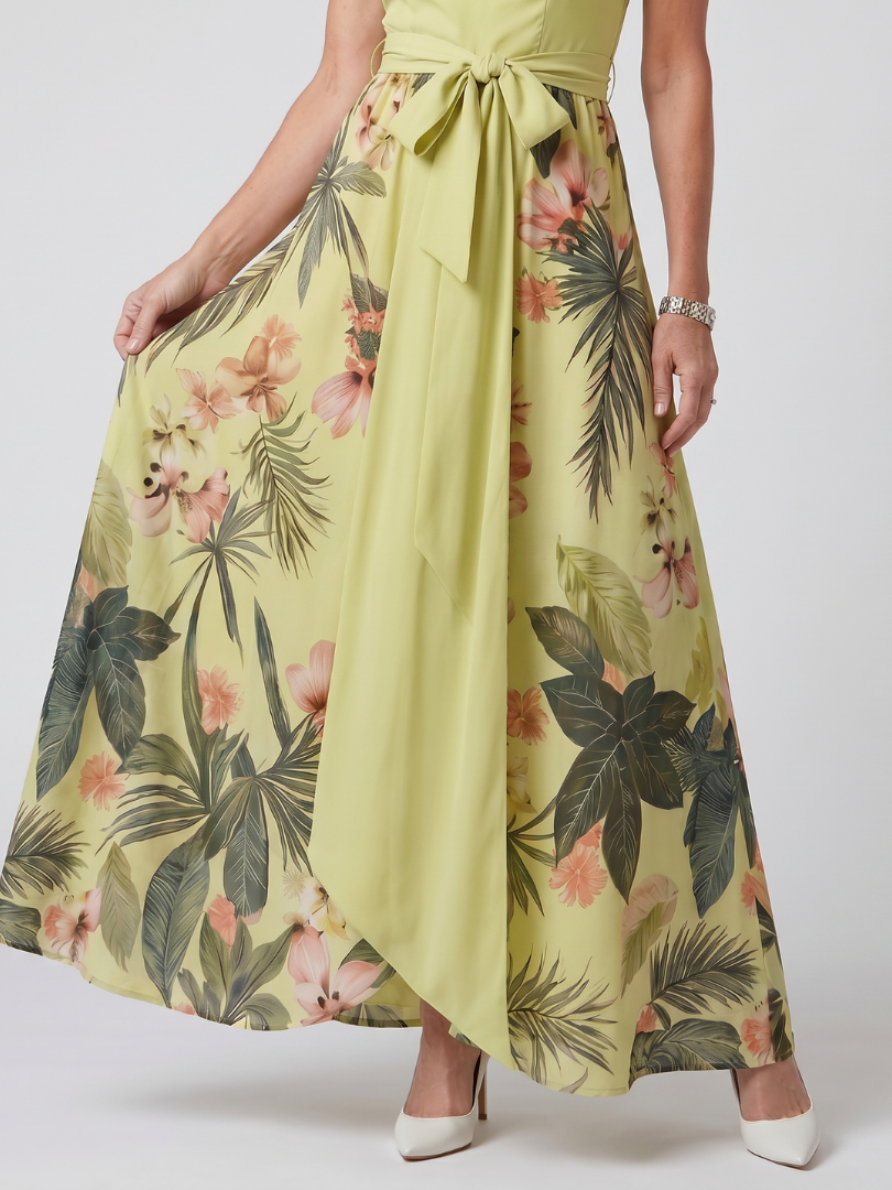 Trudy | Draped Halter Botanical Panel Maxi Dress