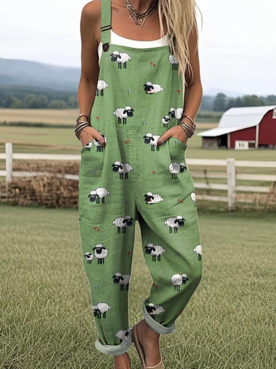 Whimsical Sheep jumpsuit for women, earthy tones with sheep print, wide-leg fit, sizes AU 8-24