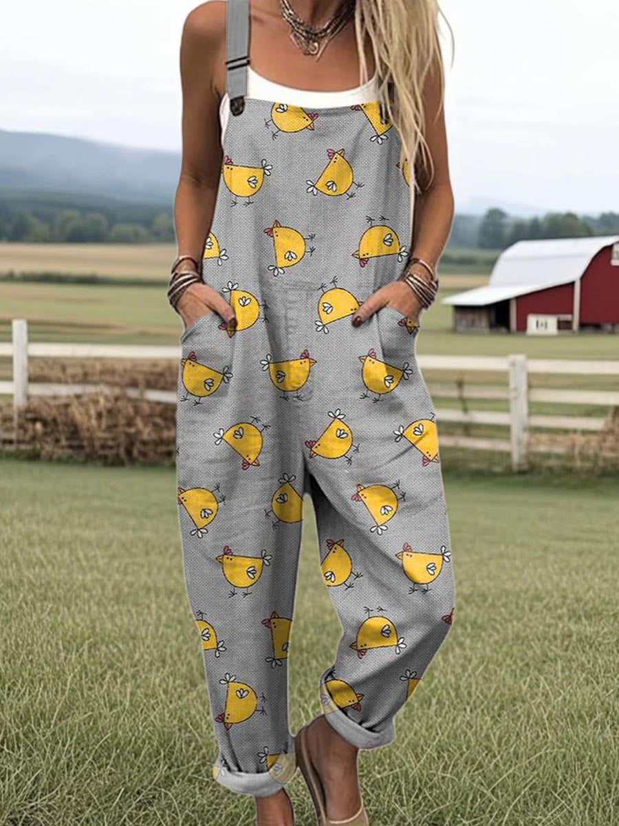 Coop Stroll jumpsuit for women, grey with white chicken print, relaxed fit, sizes AU 8-24