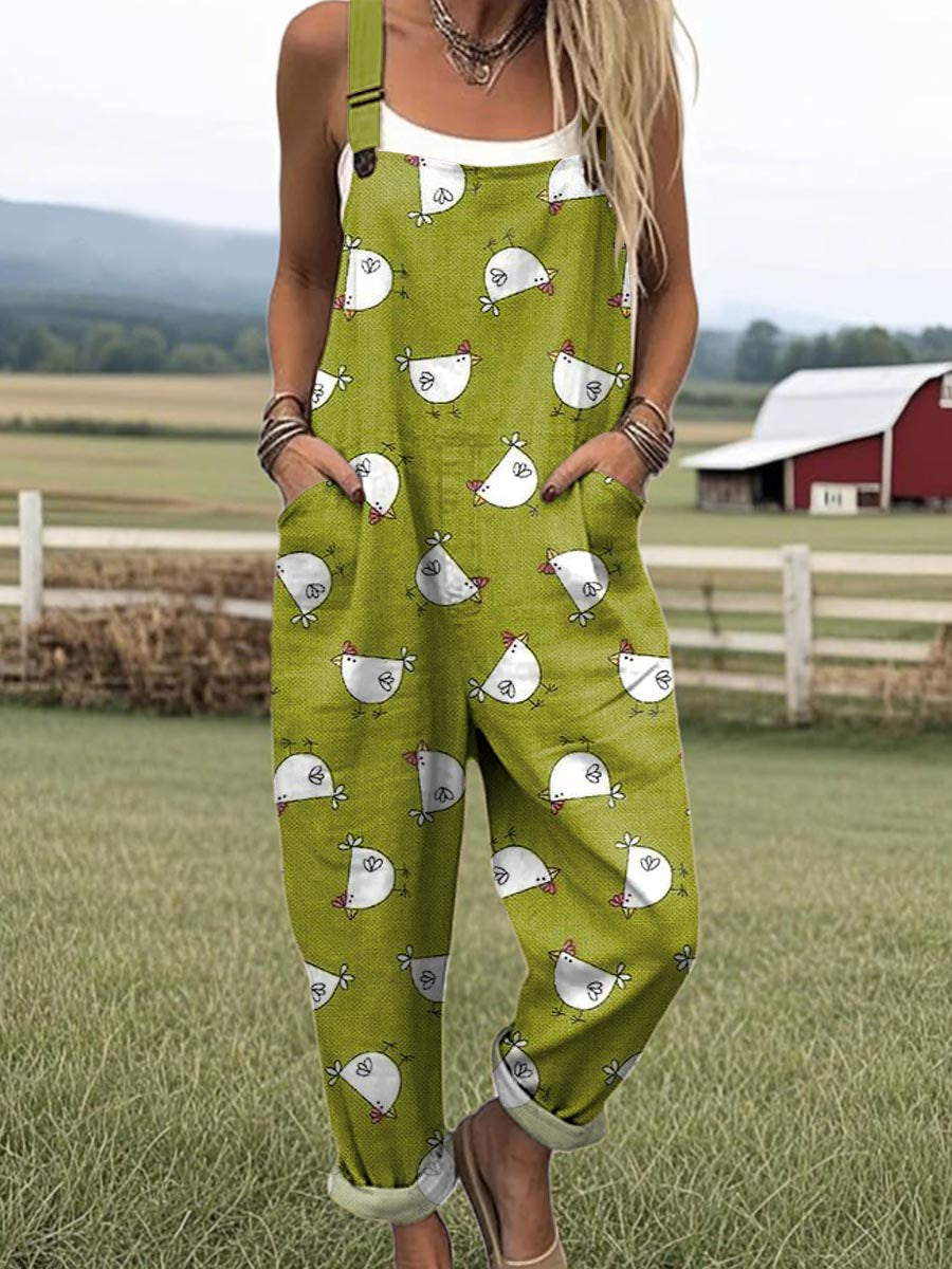 Coop Stroll jumpsuit for women, green with white chicken print, relaxed fit, sizes AU 8-24