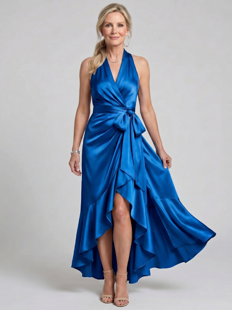 Bronwyn | Halter Neck Wrap Asymmetric Hem Midi Dress