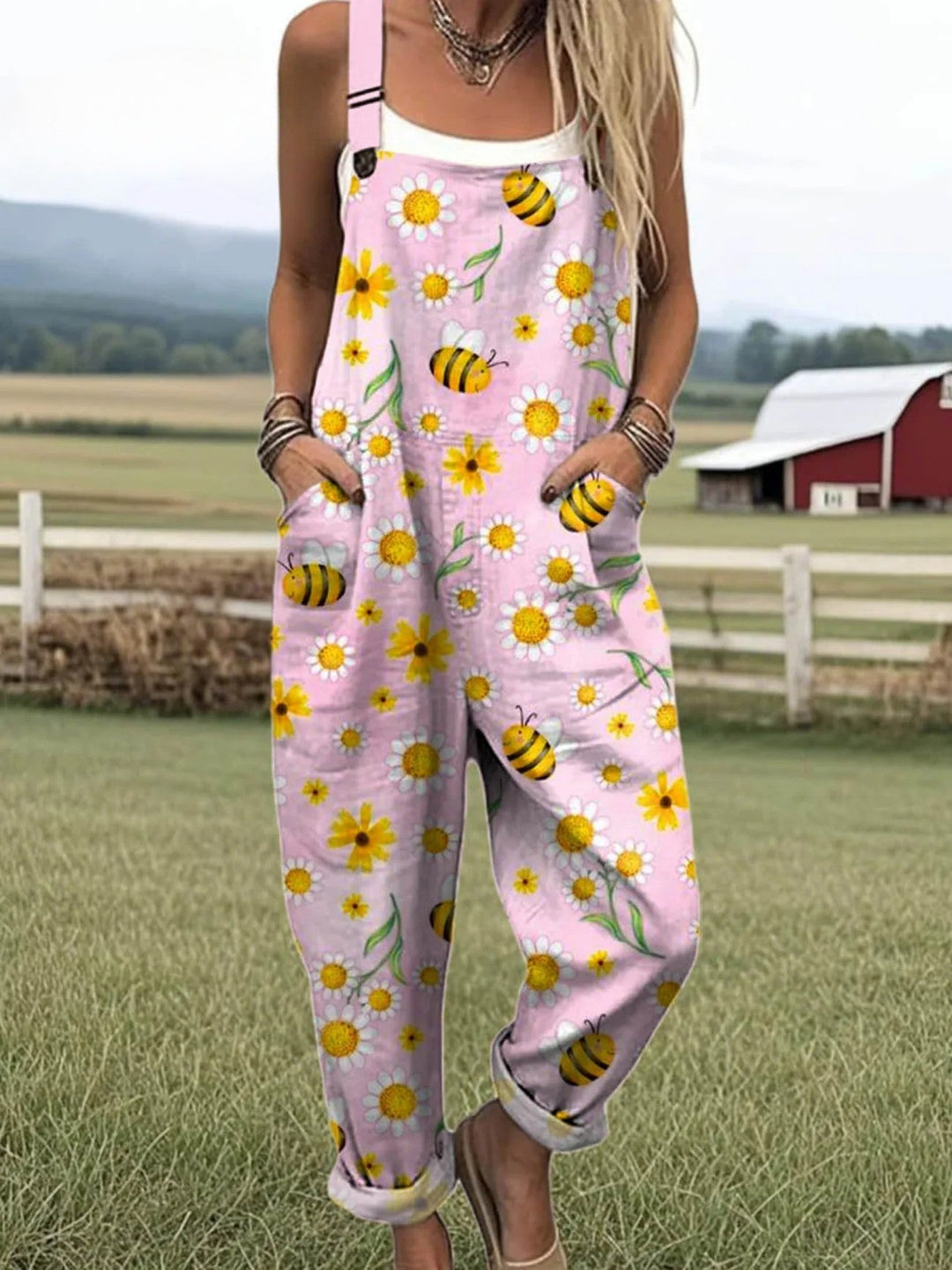 Buzz and Bloom jumpsuit for women, light pink with sunflower and bee, relaxed fit, sizes AU 8-24