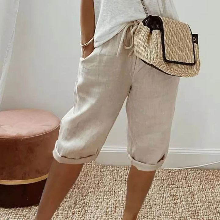 Saffron | Linen Drawstring Capri Shorts