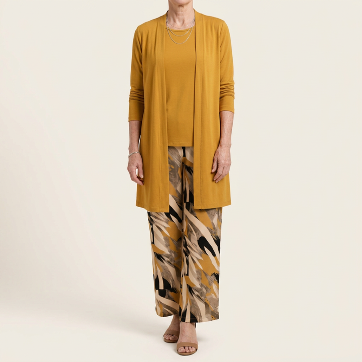 Honora | Mustard Three-Piece Set with Printed Trousers