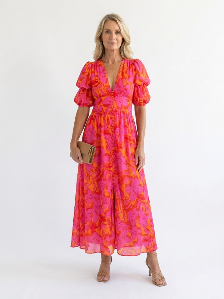 Darcy | Floral V Neck Puff Sleeve Midi Dress