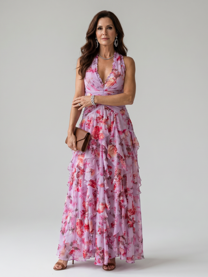 Gloria | Halter Neck Ruched Bodice Floral Maxi Dress