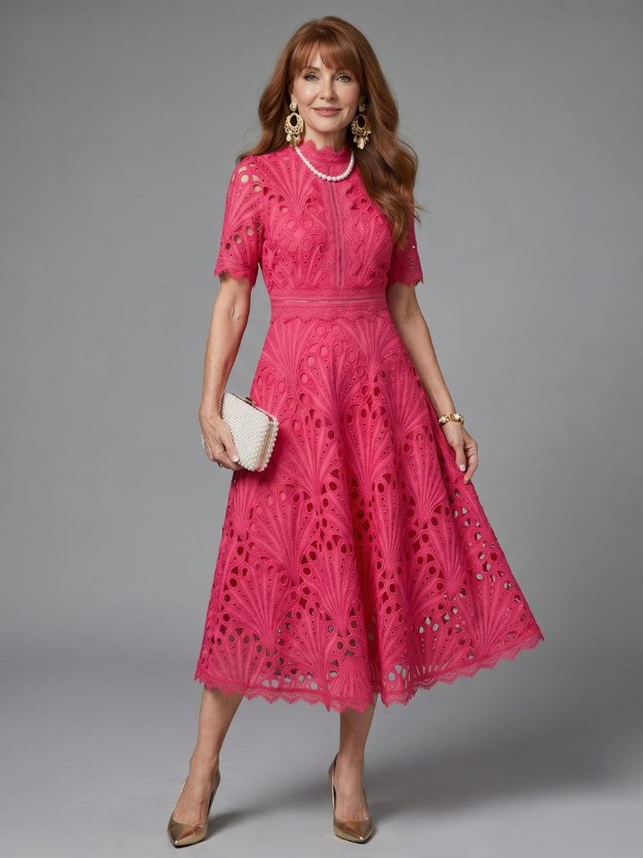 Caroline | Short Sleeve Eyelet Lace Fitted Waist Midi Dress