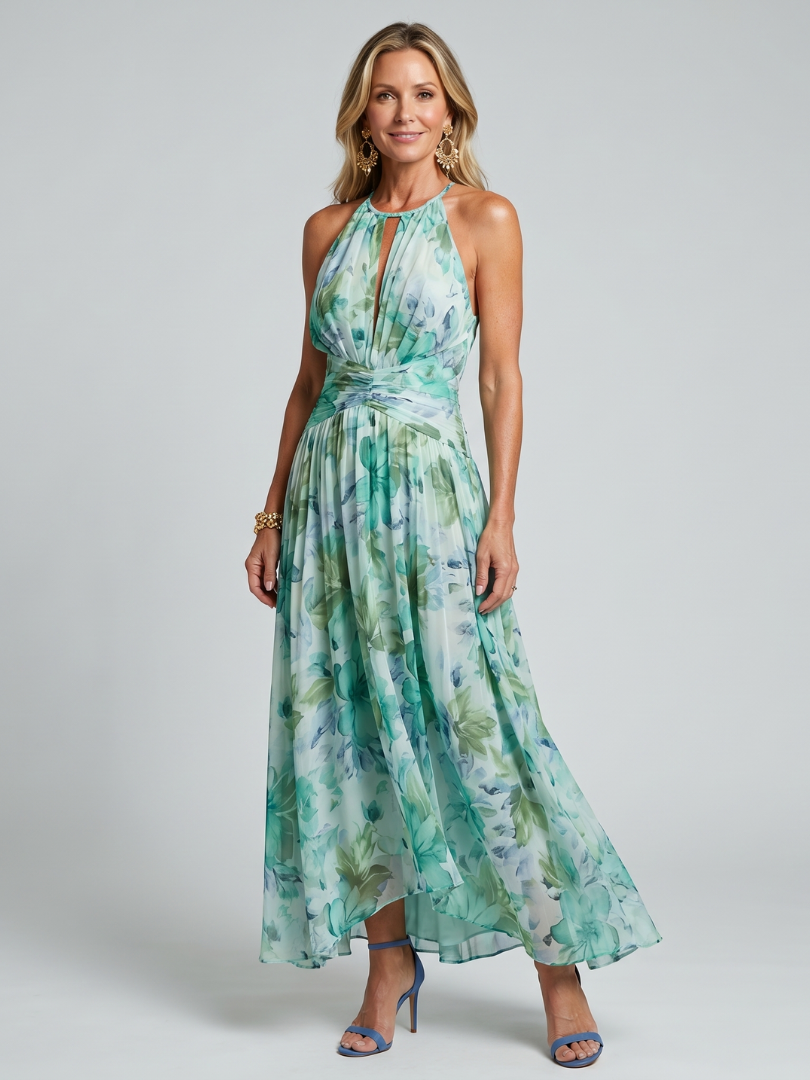 Sarah | Pleated Halter Soft Floral Pattern Midi Dress