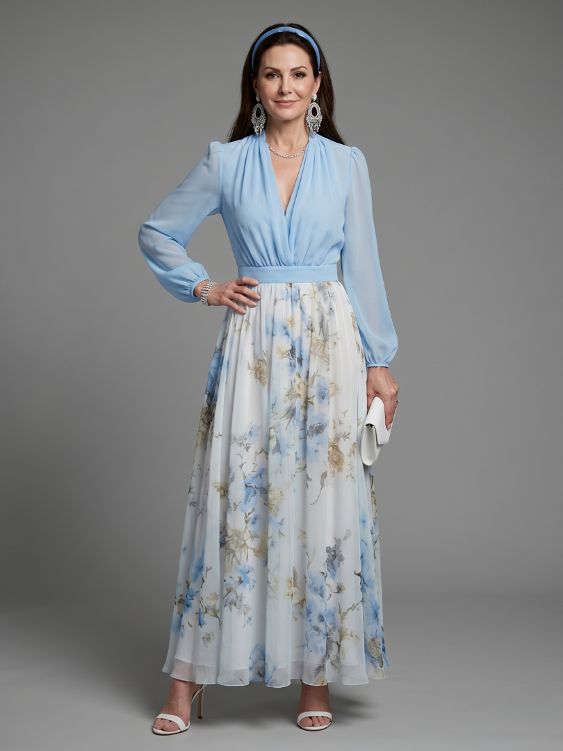 Rachel | V Neck Sheer Bodice Floral Maxi Dress