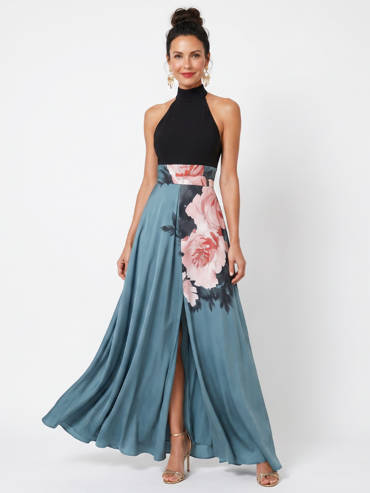 Heather | Halter Bodice Floral Skirt Maxi Dress
