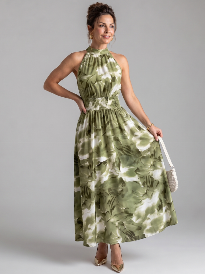 Zelie | Gathered Waist Abstract Print Midi Dress