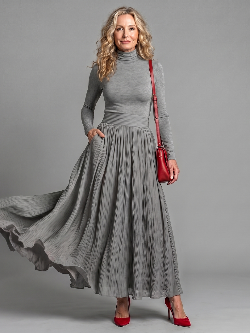 Jenny | Long Sleeve Turtleneck Defined Waist Midi Dress
