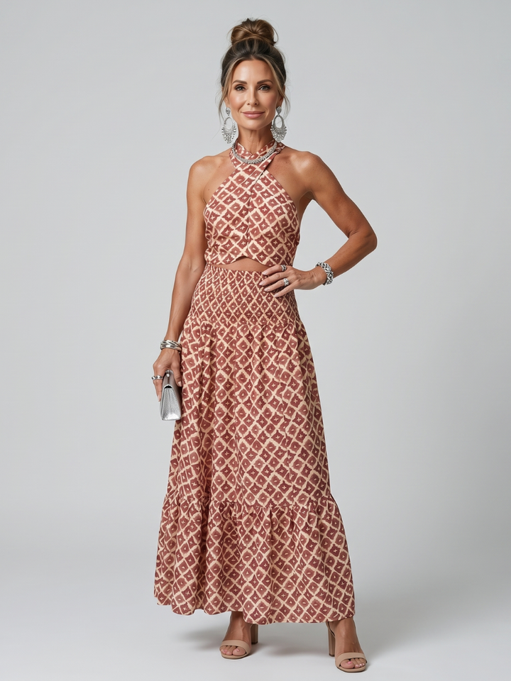 Cinzia | Cross Halter Geometric Print Cutout Midi Dress