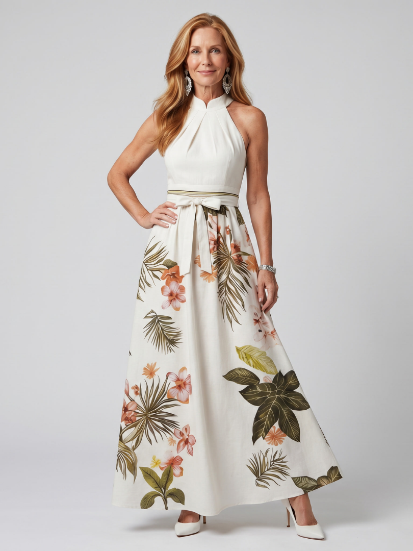 Trudy | Draped Halter Botanical Panel Maxi Dress