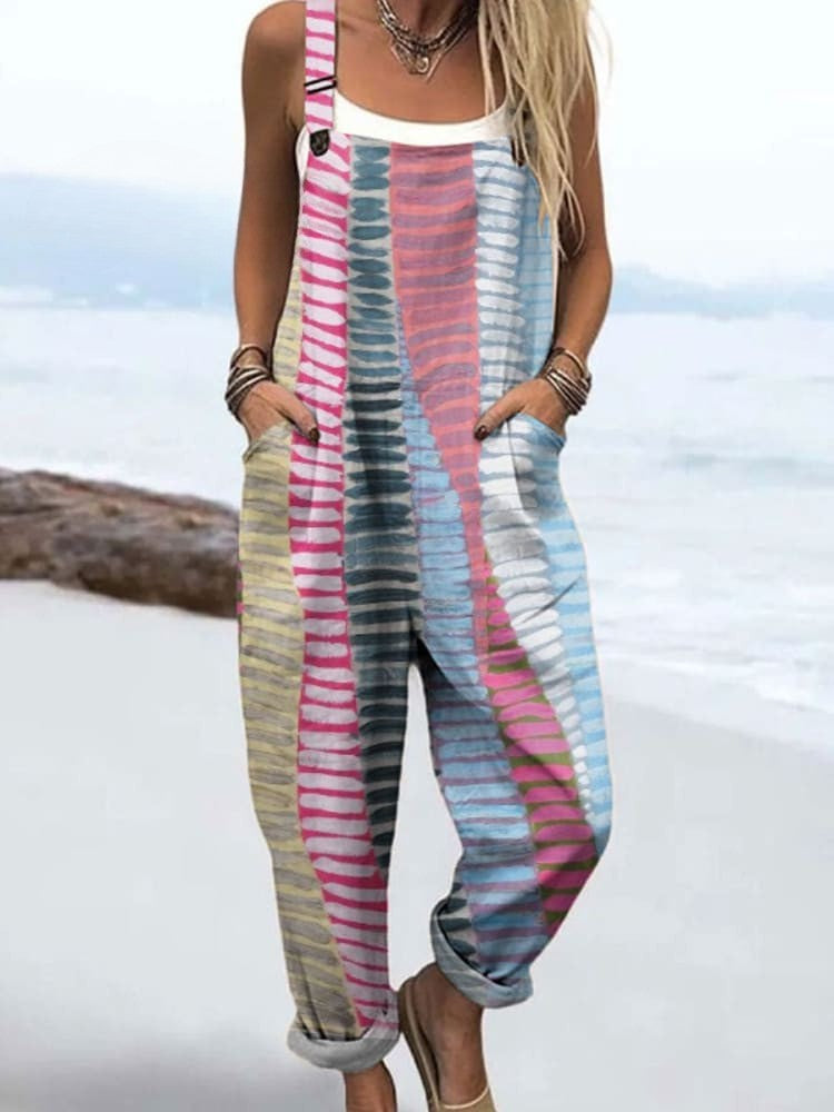Coastal Rhythm jumpsuit for women, soft pastel stripes, relaxed fit, sizes AU 8-24