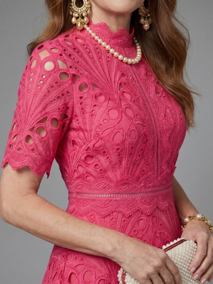 Caroline | Short Sleeve Eyelet Lace Fitted Waist Midi Dress