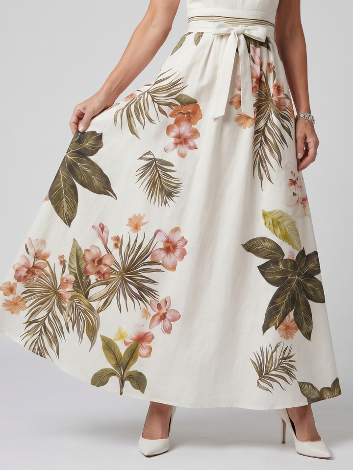 Yolanda | Draped Halter Botanical Panel Maxi Dress