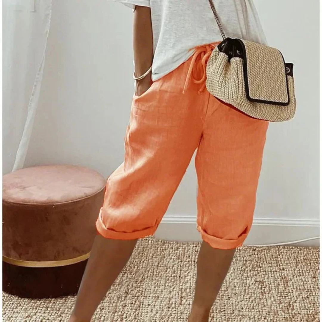 Saffron | Linen Drawstring Capri Shorts