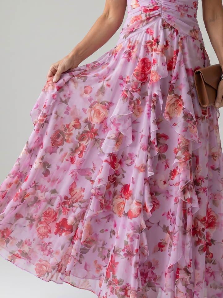 Frederica | Halter Neck Ruched Bodice Floral Maxi Dress