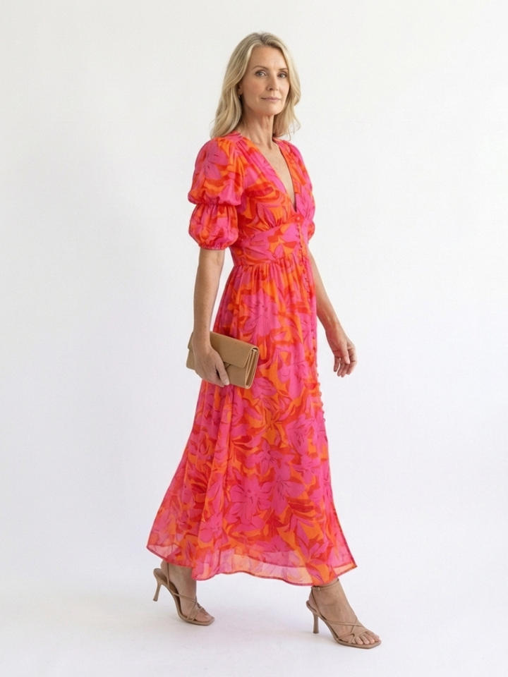 Darcy | Floral V Neck Puff Sleeve Midi Dress