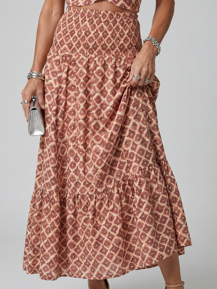 Cinzia | Cross Halter Geometric Print Cutout Midi Dress