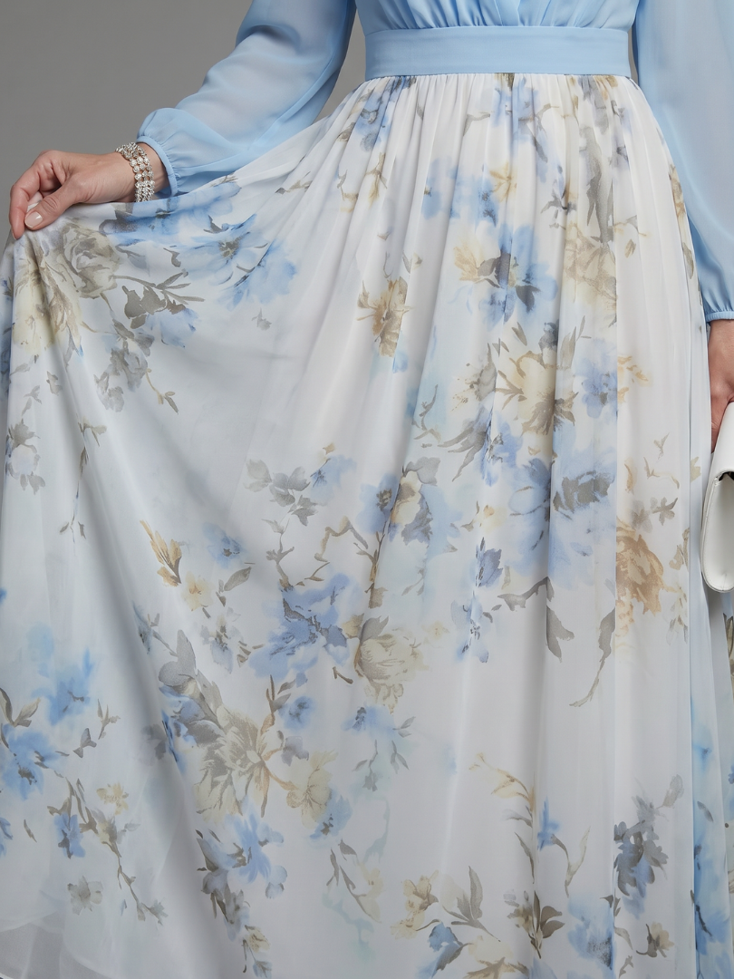 Rachel | V Neck Sheer Bodice Floral Maxi Dress