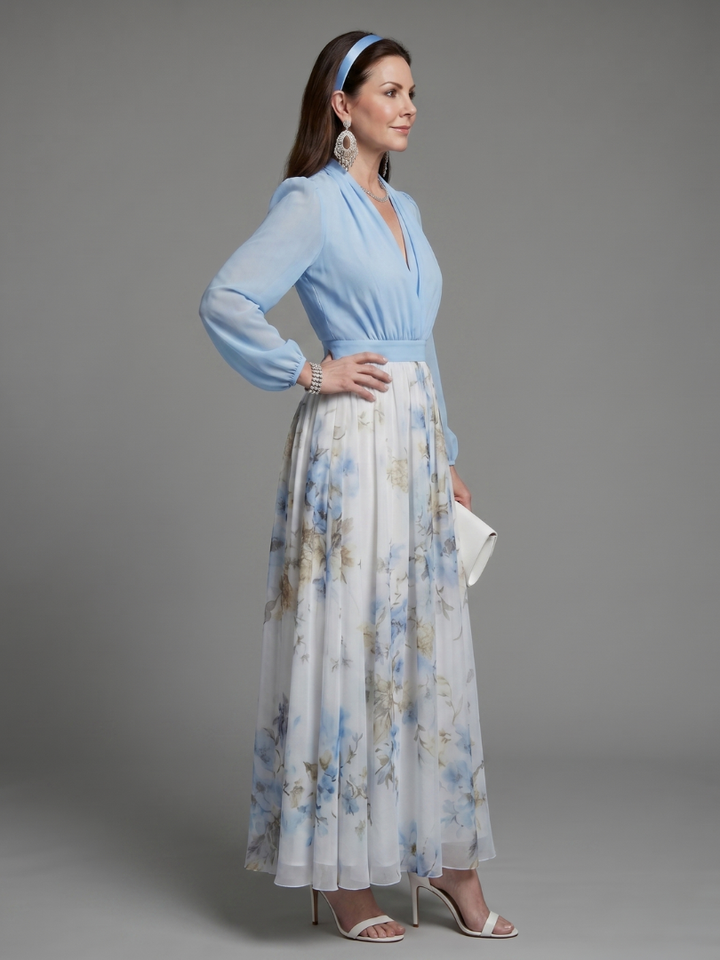 Rachel | V Neck Sheer Bodice Floral Maxi Dress