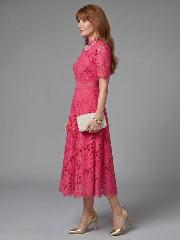Caroline | Short Sleeve Eyelet Lace Fitted Waist Midi Dress