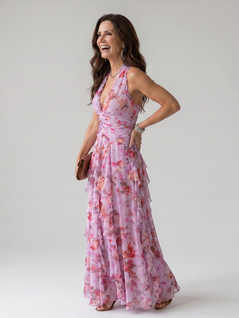 Frederica | Halter Neck Ruched Bodice Floral Maxi Dress