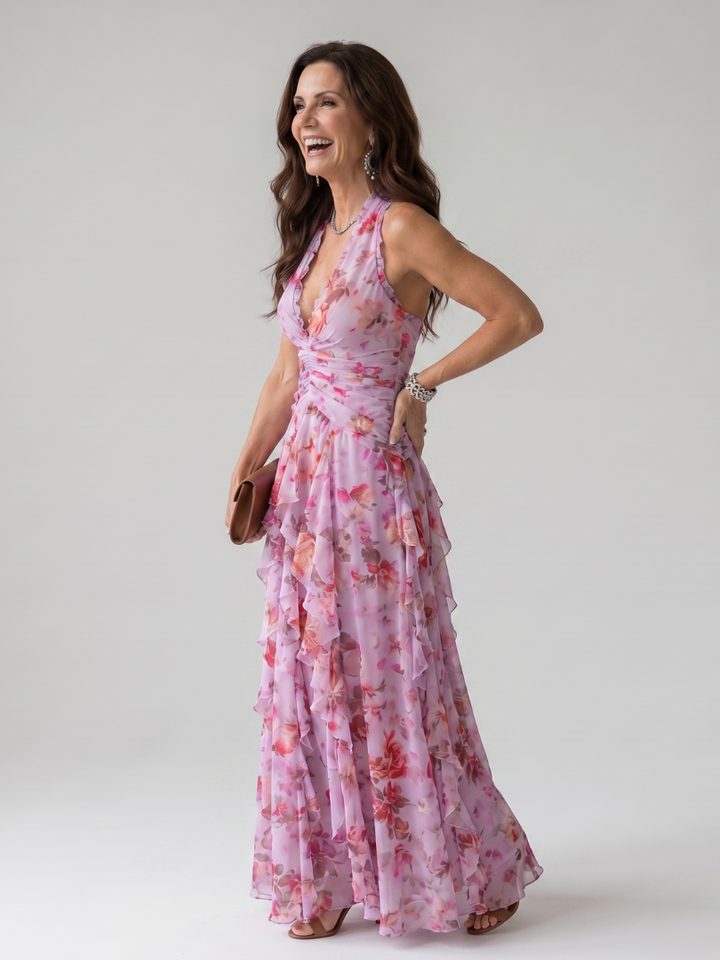 Frederica | Halter Neck Ruched Bodice Floral Maxi Dress