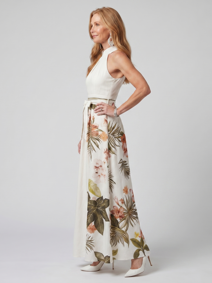Trudy | Draped Halter Botanical Panel Maxi Dress