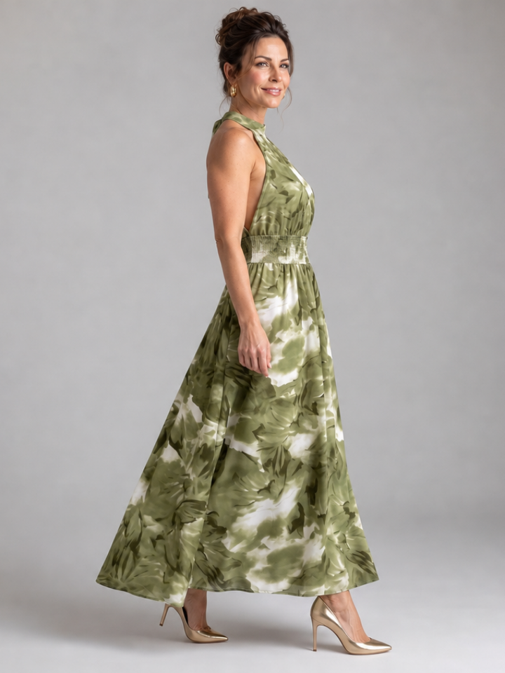 Zelie | Gathered Waist Abstract Print Midi Dress