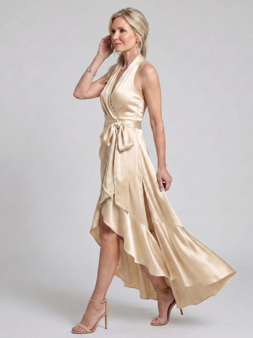 Bronwyn | Halter Neck Wrap Asymmetric Hem Midi Dress