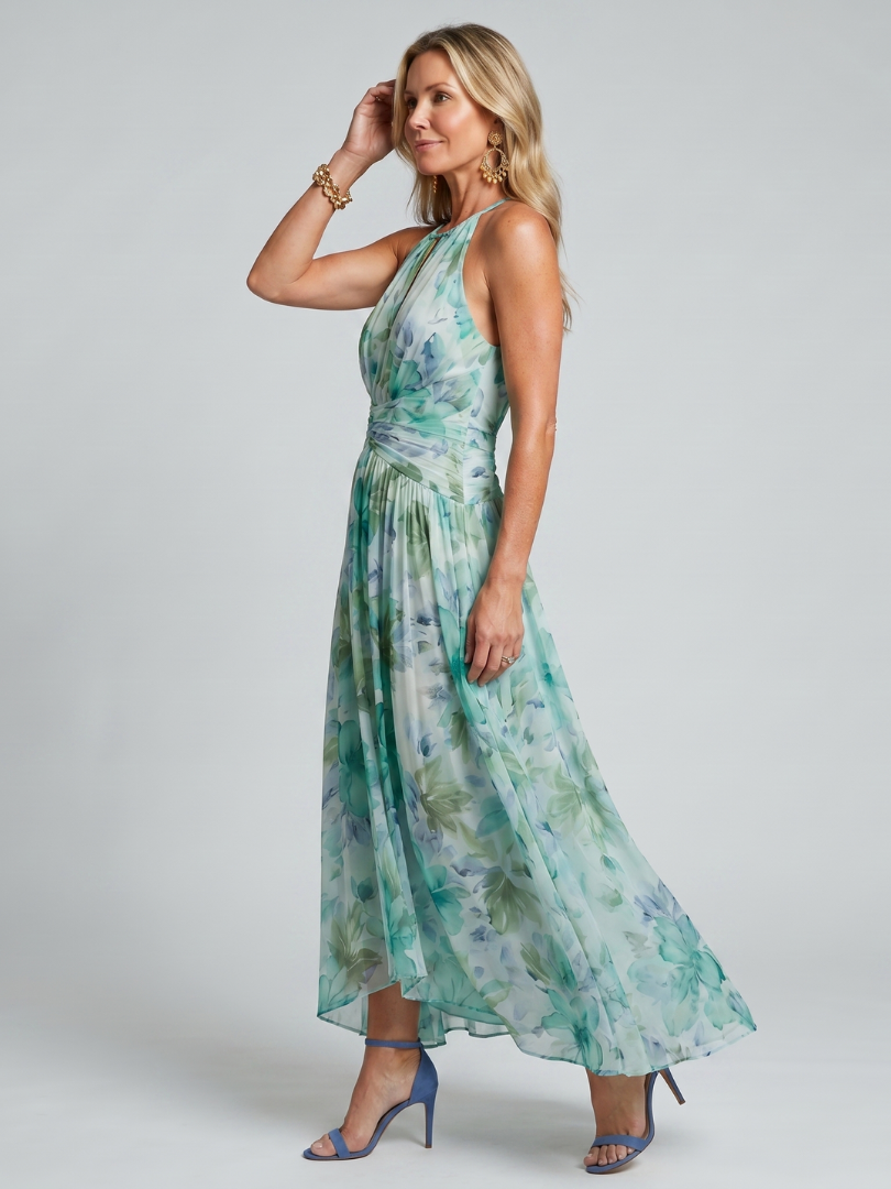 Sarah | Pleated Halter Soft Floral Pattern Midi Dress
