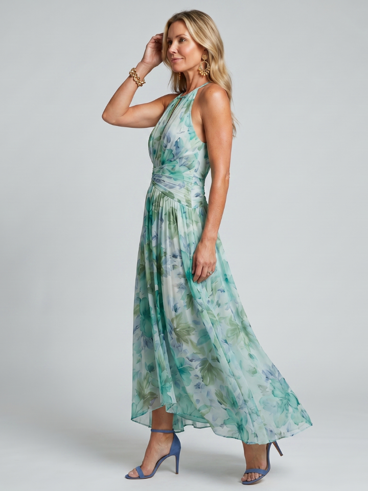 Sarah | Pleated Halter Soft Floral Pattern Midi Dress
