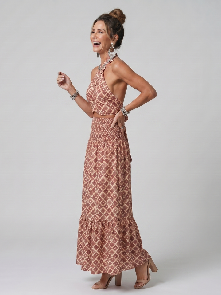 Cinzia | Cross Halter Geometric Print Cutout Midi Dress