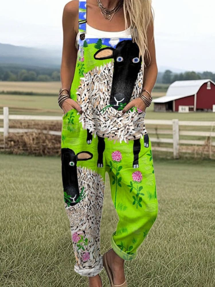 Wool and Whimsy jumpsuit for women, green floral with sheep print, wide-leg fit, sizes AU 8-24