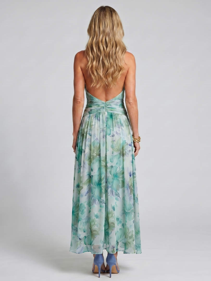 Sarah | Pleated Halter Soft Floral Pattern Midi Dress