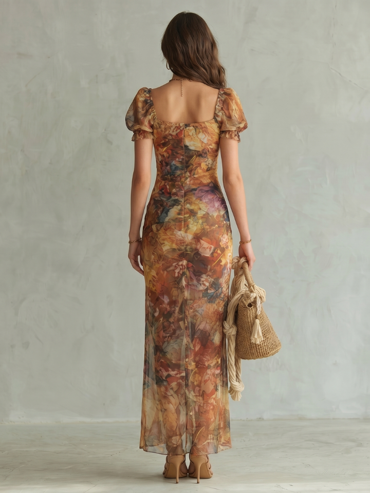 Phyllida | Ruffled Sleeve Ruched Slit Midi Dress