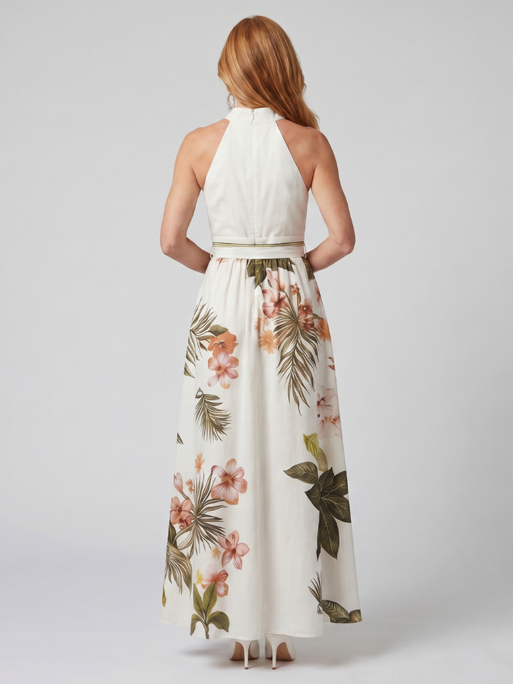 Yolanda | Draped Halter Botanical Panel Maxi Dress