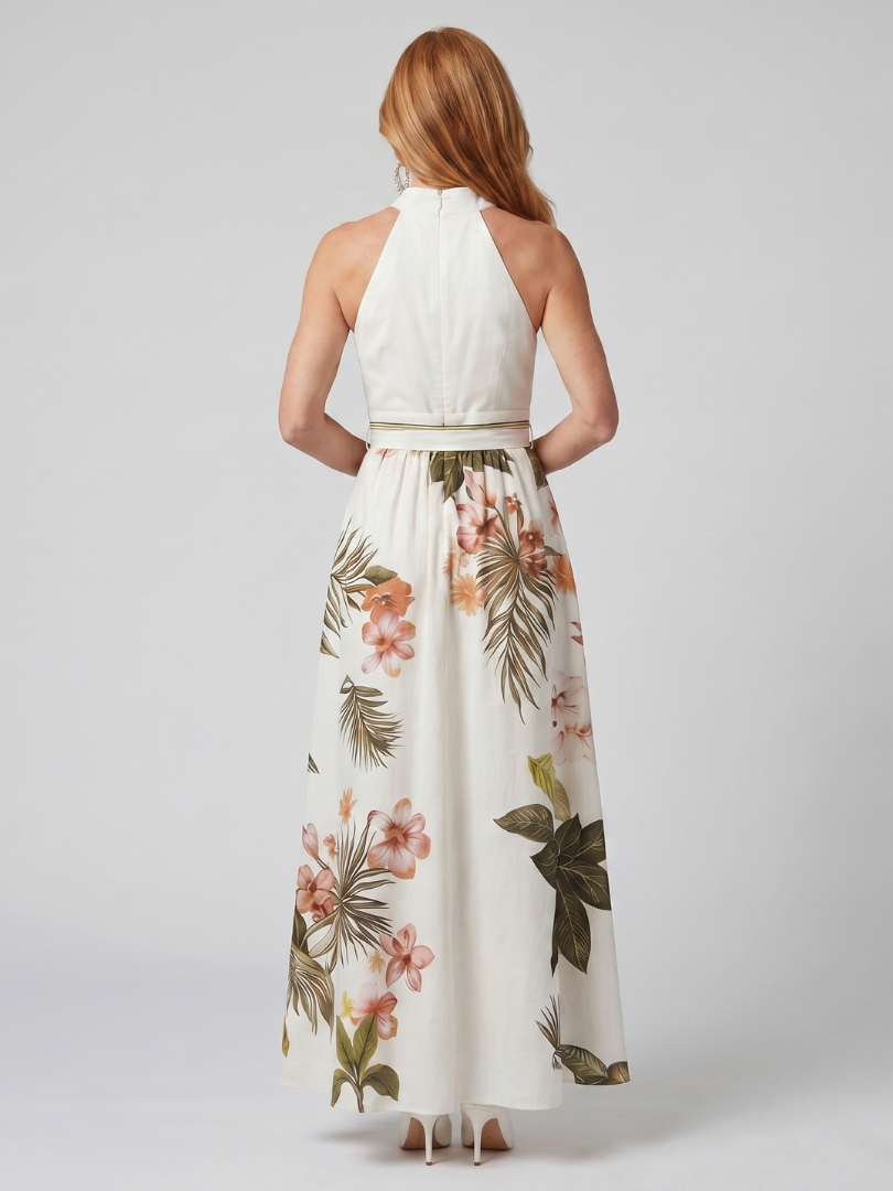 Trudy | Draped Halter Botanical Panel Maxi Dress
