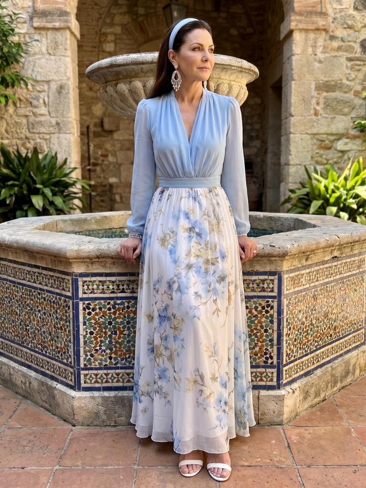 Rachel | V Neck Sheer Bodice Floral Maxi Dress