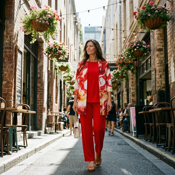 Theodora | Red Swirl-Print Three-Piece Outfit