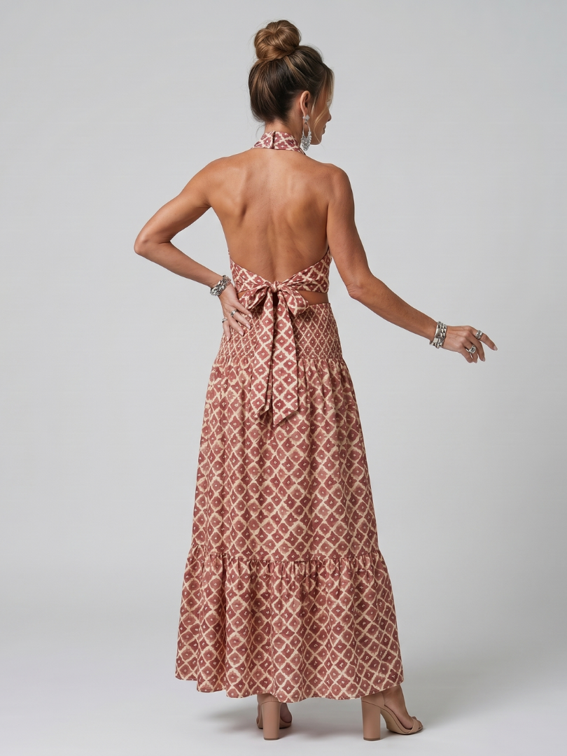 Cinzia | Cross Halter Geometric Print Cutout Midi Dress