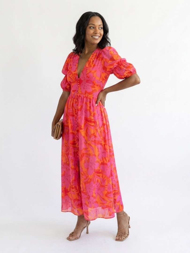 Darcy | Floral V Neck Puff Sleeve Midi Dress