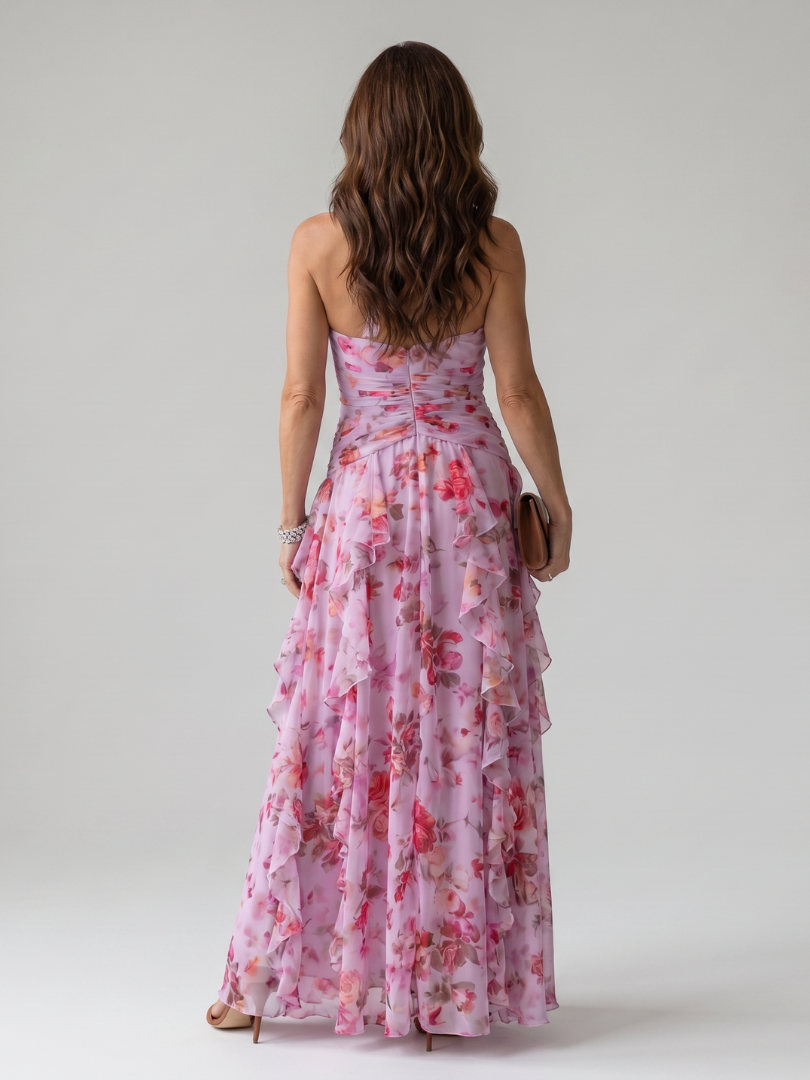 Frederica | Halter Neck Ruched Bodice Floral Maxi Dress