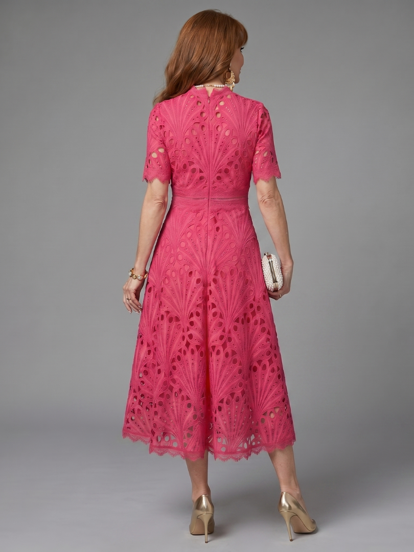 Caroline | Short Sleeve Eyelet Lace Fitted Waist Midi Dress