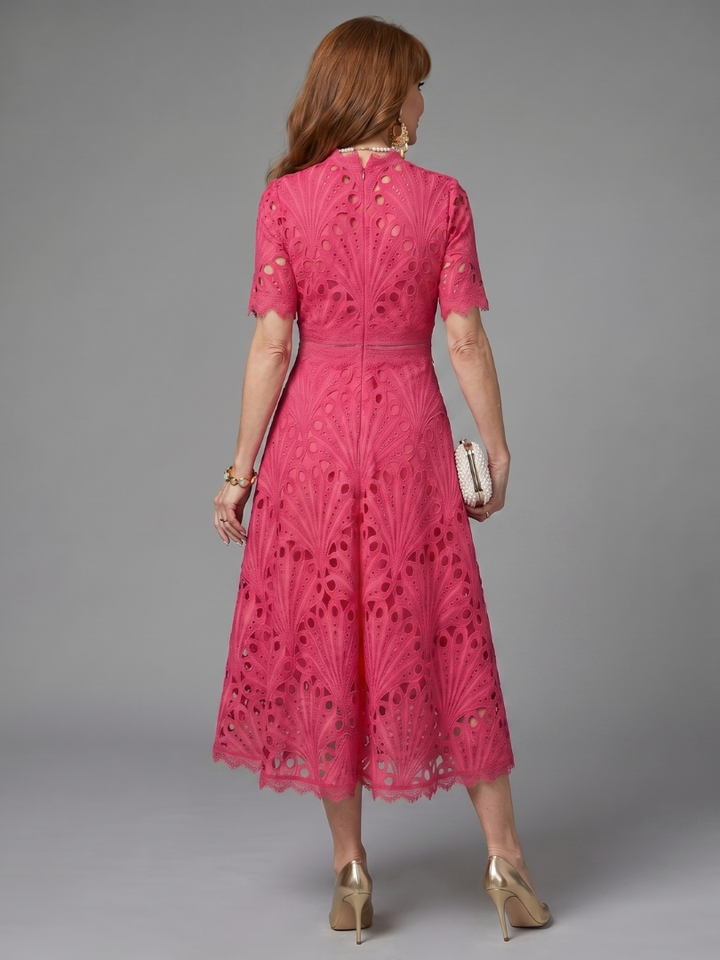 Caroline | Short Sleeve Eyelet Lace Fitted Waist Midi Dress