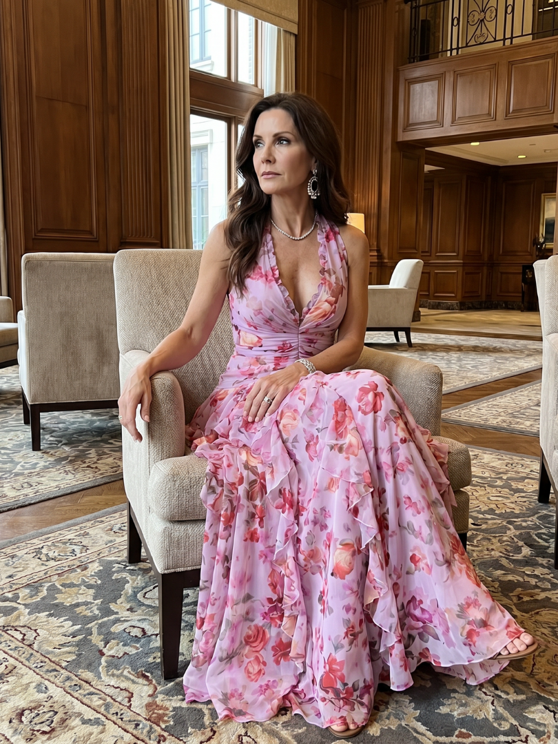 Gloria | Halter Neck Ruched Bodice Floral Maxi Dress